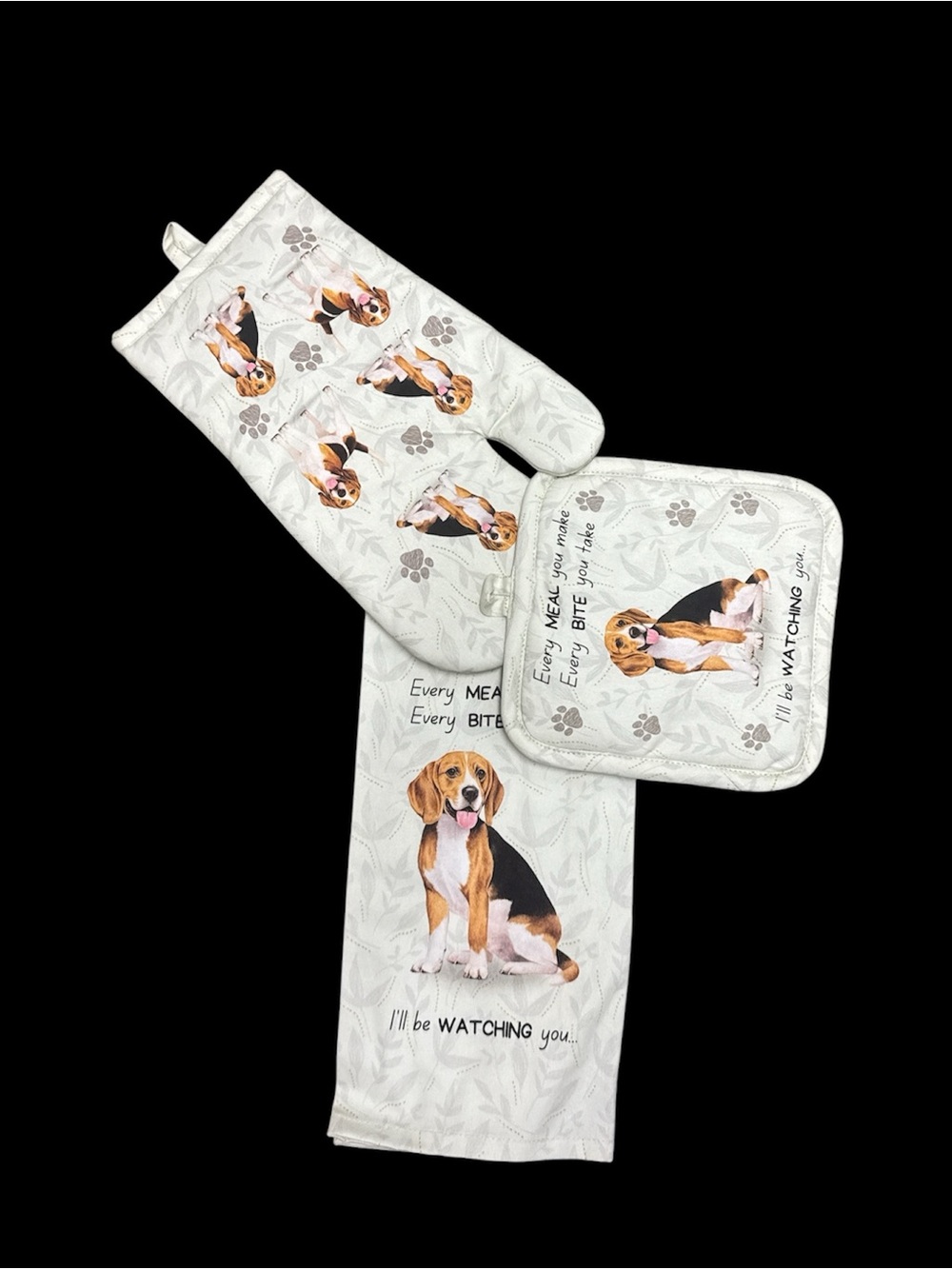 E&S Pets Beagle Dog Print Kitchen Set Oven Mitt Pot Holder Towel 3Pc Large
